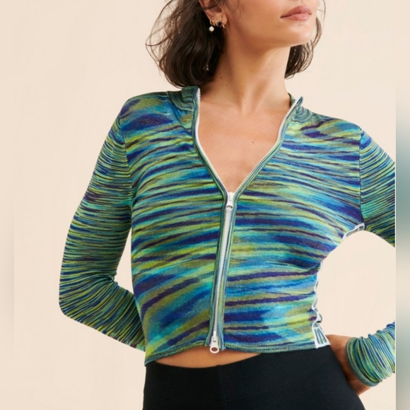 iets frans Women's Space Dye Dual Zipper Cardigan Green/Blue/Yellow - Picture 1 of 12